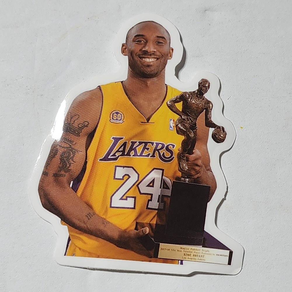 Kobe Bryant LA Lakers #24 holding trophy photograph Sticker 3" New